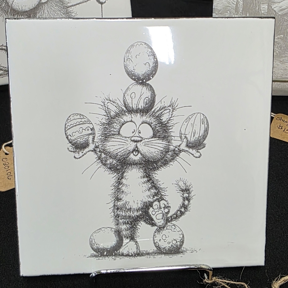 Whimsical Easter Juggling Cat Ceramic Tile 6 X 6